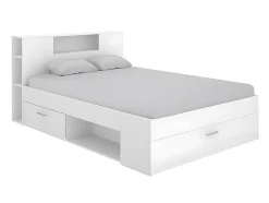 Vente-unique Lit avec tête de lit rangements et tiroirs - 140 x 190 cm - Coloris : Blanc + Sommier - LEANDRE Best