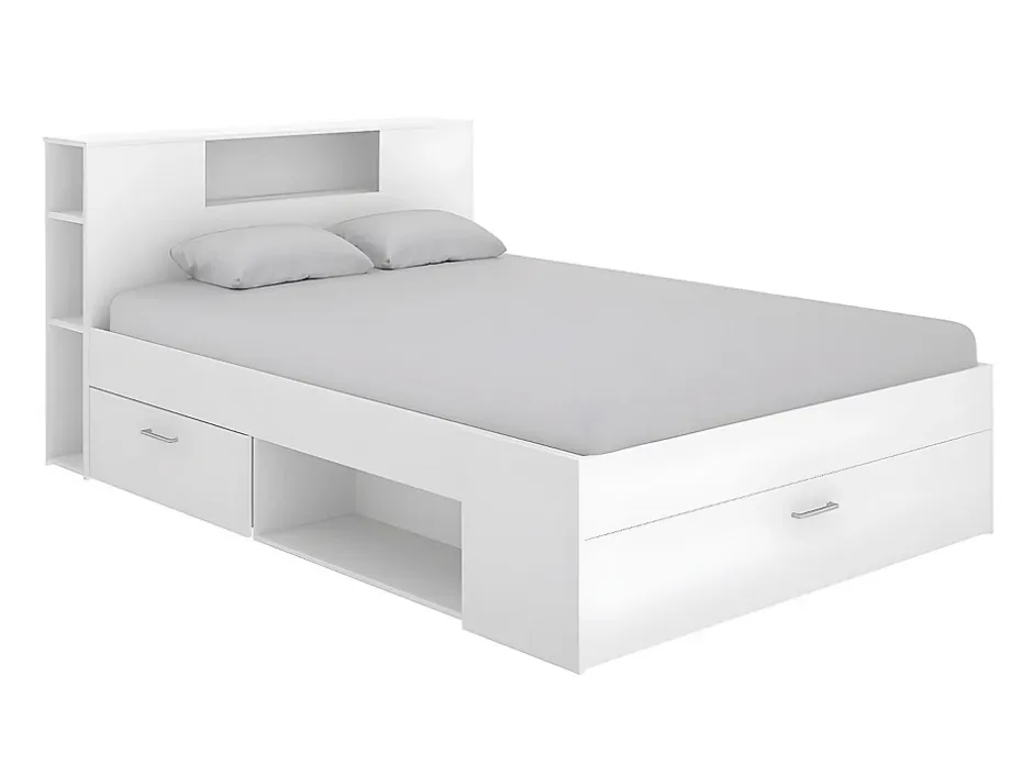 Vente-unique Lit avec tête de lit rangements et tiroirs - 140 x 190 cm - Coloris : Blanc + Sommier - LEANDRE Best