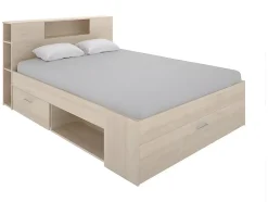 Vente-unique Lit avec tête de lit rangements et tiroirs - 160 x 200 cm - Coloris : Naturel - LEANDRE Hot