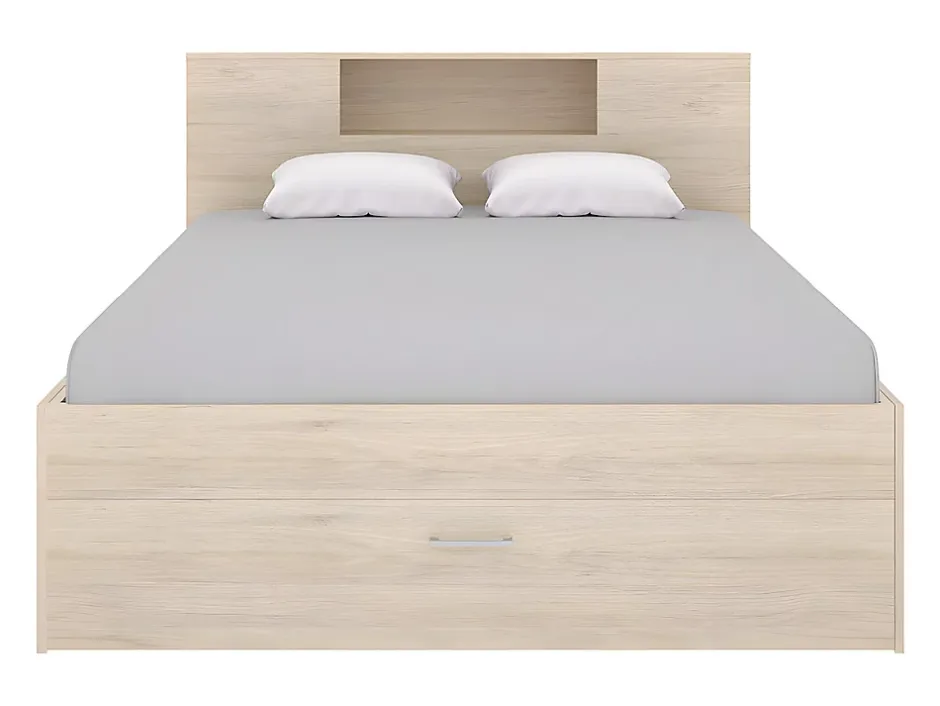 Vente-unique Lit avec tête de lit rangements et tiroirs - 160 x 200 cm - Coloris : Naturel - LEANDRE Hot