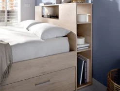 Vente-unique Lit avec tête de lit rangements et tiroirs - 160 x 200 cm - Coloris : Naturel - LEANDRE Hot