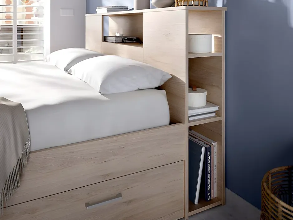 Vente-unique Lit avec tête de lit rangements et tiroirs - 160 x 200 cm - Coloris : Naturel - LEANDRE Hot