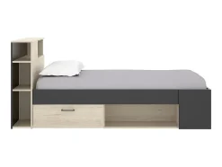 Vente-unique Lit avec tête de lit rangements et tiroirs - 120 x 190cm - Coloris : Naturel et anthracite + Sommier - LEANDRE