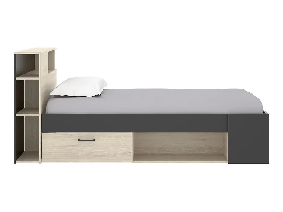 Vente-unique Lit avec tête de lit rangements et tiroirs - 120 x 190cm - Coloris : Naturel et anthracite + Sommier - LEANDRE