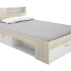 Vente-unique Lit avec tête de lit rangements et tiroir - 120 x 190 cm - Coloris : Naturel et blanc - LEANDRE
