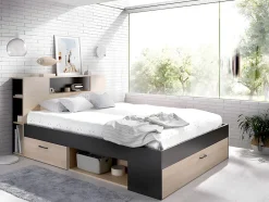 Vente-unique Lit avec tête de lit rangements et tiroir - 120 x 190 cm - Coloris : Naturel et blanc - LEANDRE