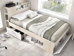 Vente-unique Lit avec tête de lit rangements et tiroir - 120 x 190 cm - Coloris : Naturel et blanc - LEANDRE
