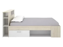 Vente-unique Lit avec tête de lit rangements et tiroir - 120 x 190 cm - Coloris : Naturel et blanc - LEANDRE