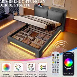 Blackcolors Lit baldaquin velours 140x200 cm, tête de lit élégante, ports USB-C, LED ambiance, rangement - moderne Hot