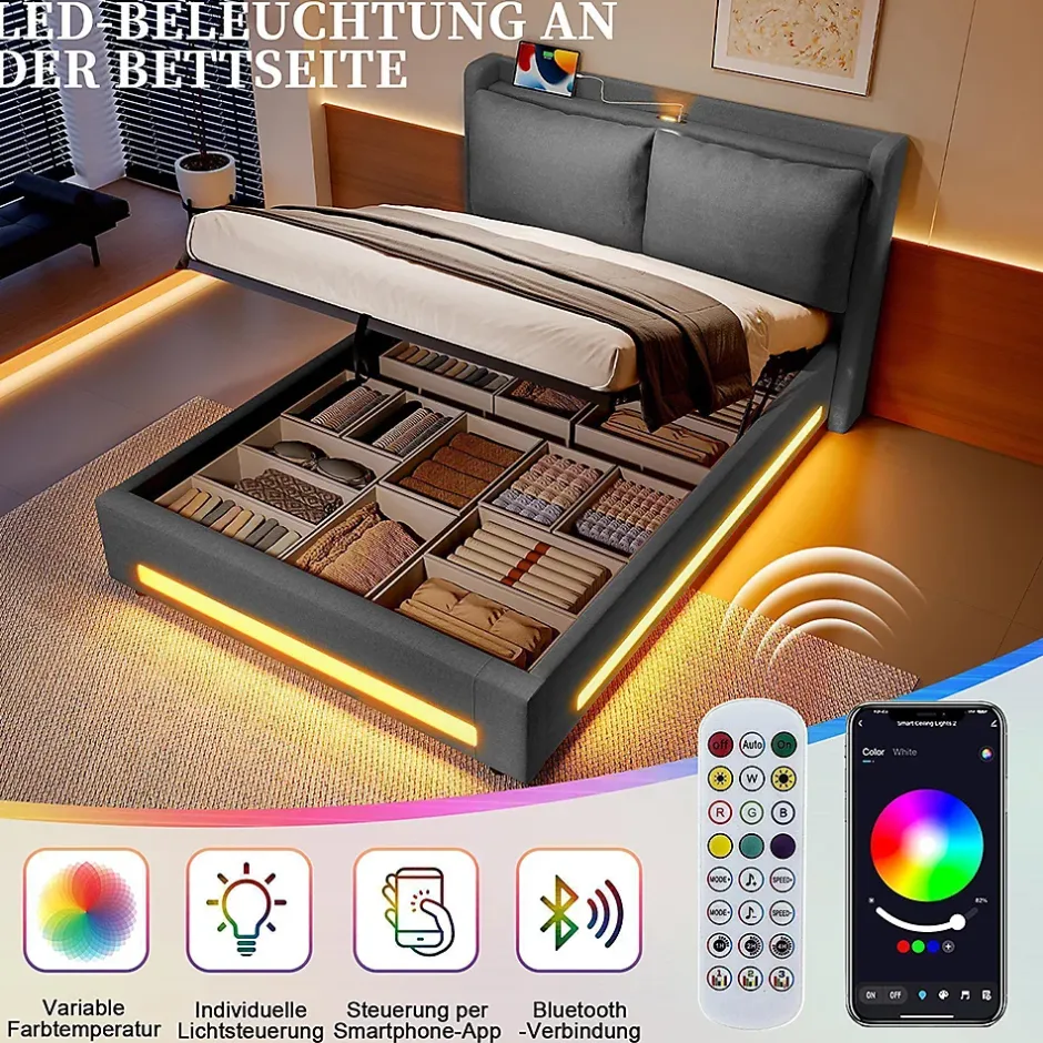 Blackcolors Lit baldaquin velours 140x200 cm, tête de lit élégante, ports USB-C, LED ambiance, rangement - moderne Hot