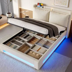 Blackcolors Lit baldaquin velours 140x200 cm, tête de lit élégante, ports USB-C, LED ambiance, rangement - moderne