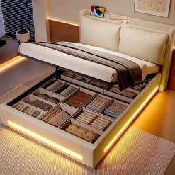 Blackcolors Lit baldaquin velours 140x200 cm, tête de lit élégante, ports USB-C, LED ambiance, rangement - moderne