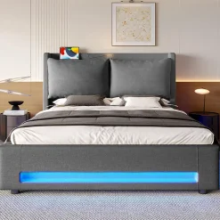 Blackcolors Lit baldaquin velours 160x200 cm, tête de lit élégante, ports USB-C, LED ambiance, rangement - moderne