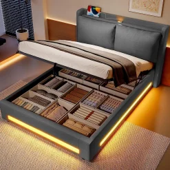 Blackcolors Lit baldaquin velours 160x200 cm, tête de lit élégante, ports USB-C, LED ambiance, rangement - moderne