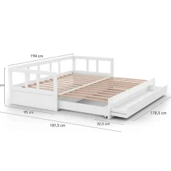 IDMarket Lit banquette 90 x 190 cm ZOYA convertible 180 x 190 cm blanc avec 1 tiroir de rangement