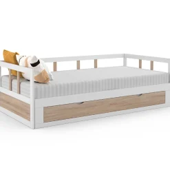 IDMarket Lit banquette 90 x 190 cm ZOYA convertible 180 x 190 cm blanc et hêtre avec 1 tiroir de rangement Discount