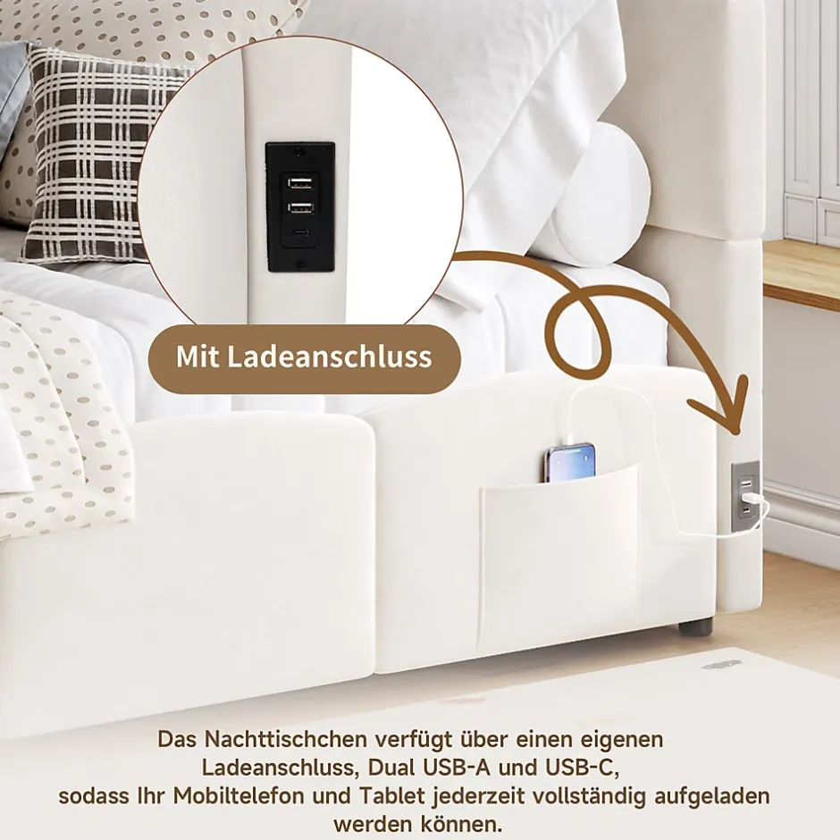 Okwish Lit Banquette enfant 90x200 cm - Rembourré Velours avec Prise USB et Rangement Latéral - Sans Matelas - Beige Outlet