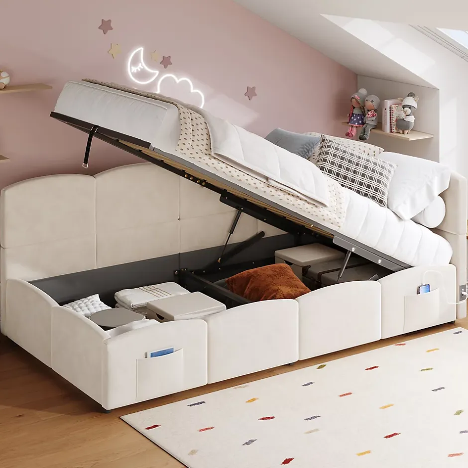 Okwish Lit Banquette enfant 90x200 cm - Rembourré Velours avec Prise USB et Rangement Latéral - Sans Matelas - Beige Outlet