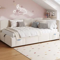 Okwish Lit Banquette enfant 90x200 cm - Rembourré Velours avec Prise USB et Rangement Latéral - Sans Matelas - Beige Outlet