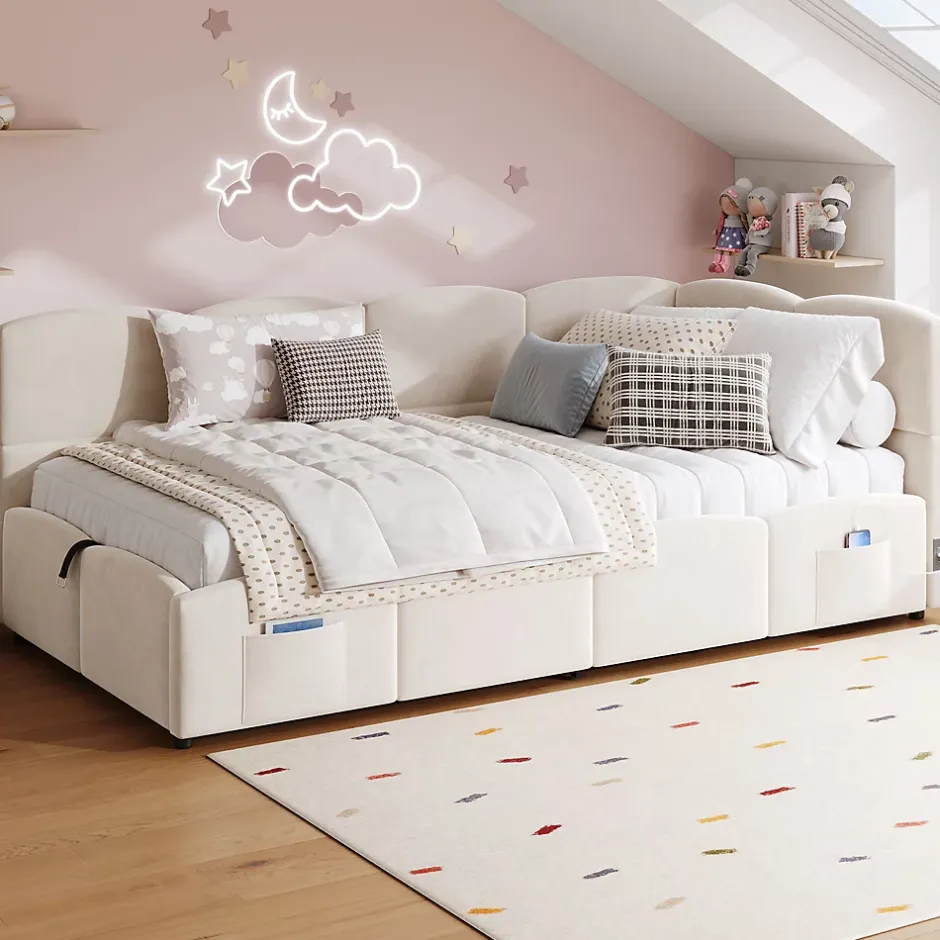 Okwish Lit Banquette enfant 90x200 cm - Rembourré Velours avec Prise USB et Rangement Latéral - Sans Matelas - Beige Outlet