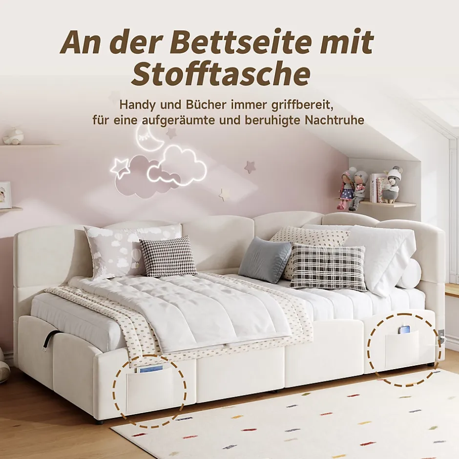 Okwish Lit Banquette enfant 90x200 cm - Rembourré Velours avec Prise USB et Rangement Latéral - Sans Matelas - Beige Outlet