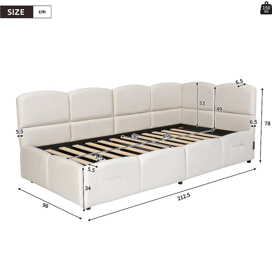 Okwish Lit Banquette enfant 90x200 cm - Rembourré Velours avec Prise USB et Rangement Latéral - Sans Matelas - Beige Outlet
