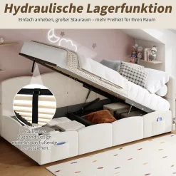 Okwish Lit Banquette enfant 90x200 cm - Rembourré Velours avec Prise USB et Rangement Latéral - Sans Matelas - Beige Outlet