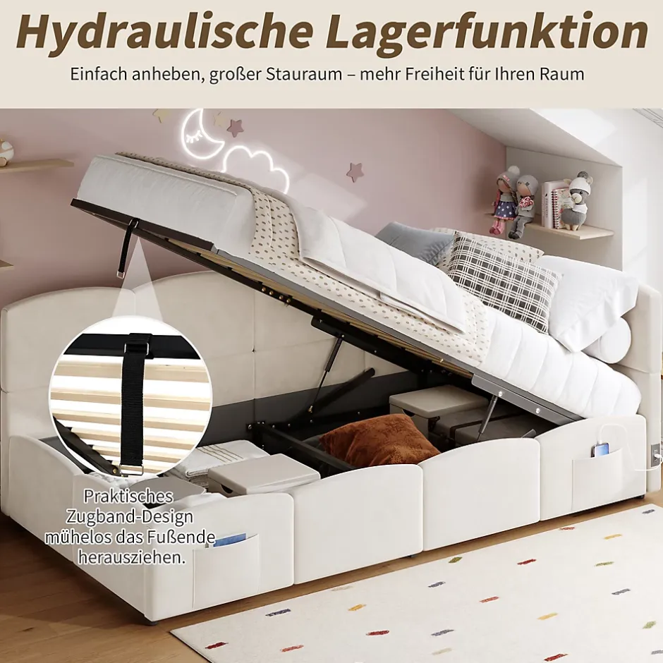 Okwish Lit Banquette enfant 90x200 cm - Rembourré Velours avec Prise USB et Rangement Latéral - Sans Matelas - Beige Outlet
