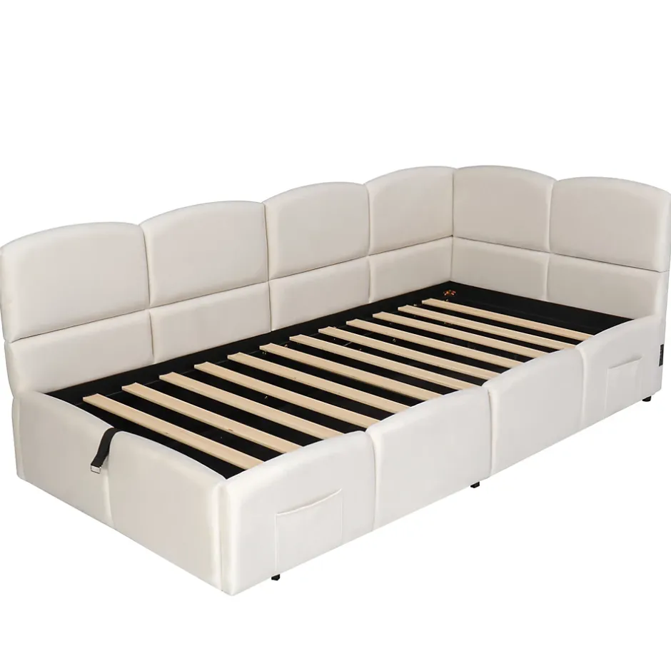 Okwish Lit Banquette enfant 90x200 cm - Rembourré Velours avec Prise USB et Rangement Latéral - Sans Matelas - Beige Outlet