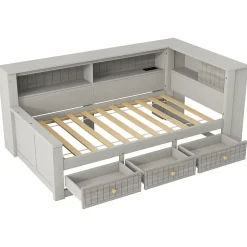 Okwish Lit Banquette Simple 90x200 cm - avec Rangement Intégré, 3 Tiroirs et Étagères, MDF et Contreplaqué, Gris, sans Matelas Sale