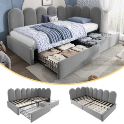 Okwish Lit Banquette 90x200 cm - Lit Enfant Capitonné avec 2 Tiroirs de Rangement et Sommier à Lattes, en Velours - sans Matelas - Gris Outlet