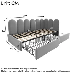 Okwish Lit Banquette 90x200 cm - Lit Enfant Capitonné avec 2 Tiroirs de Rangement et Sommier à Lattes, en Velours - sans Matelas - Gris Outlet