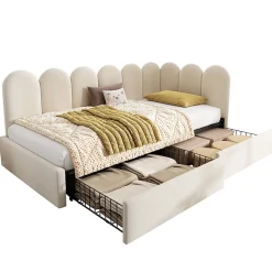Okwish Lit Banquette 90x200 cm - Lit Enfant Capitonné avec 2 Tiroirs de Rangement et Sommier à Lattes, en Velours - sans Matelas - Beige Clearance