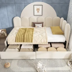 Okwish Lit Banquette 90x190 cm - Lit Enfant Capitonné avec 2 Tiroirs de Rangement et Sommier à Lattes, en Velours - sans Matelas - Beige