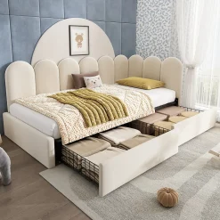 Okwish Lit Banquette 90x190 cm - Lit Enfant Capitonné avec 2 Tiroirs de Rangement et Sommier à Lattes, en Velours - sans Matelas - Beige