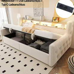 Okwish Lit Banquette 90x200 cm en Velours avec Éclairage LED, Prise Électrique et Ports USB - Sans Matelas - Beige Online