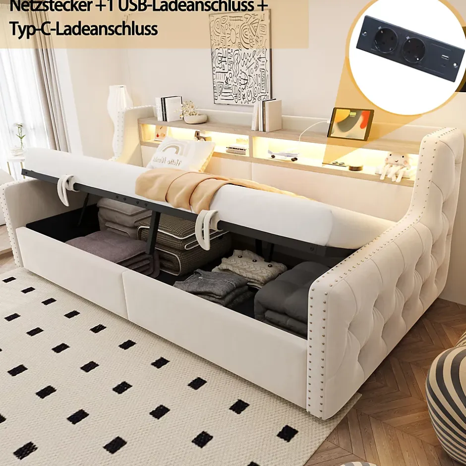 Okwish Lit Banquette 90x200 cm en Velours avec Éclairage LED, Prise Électrique et Ports USB - Sans Matelas - Beige Online