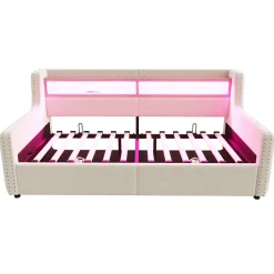 Okwish Lit Banquette 90x200 cm en Velours avec Éclairage LED, Prise Électrique et Ports USB - Sans Matelas - Beige Online