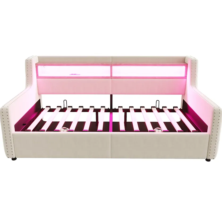 Okwish Lit Banquette 90x200 cm en Velours avec Éclairage LED, Prise Électrique et Ports USB - Sans Matelas - Beige Online