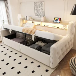Okwish Lit Banquette 90x200 cm en Velours avec Éclairage LED, Prise Électrique et Ports USB - Sans Matelas - Beige Online