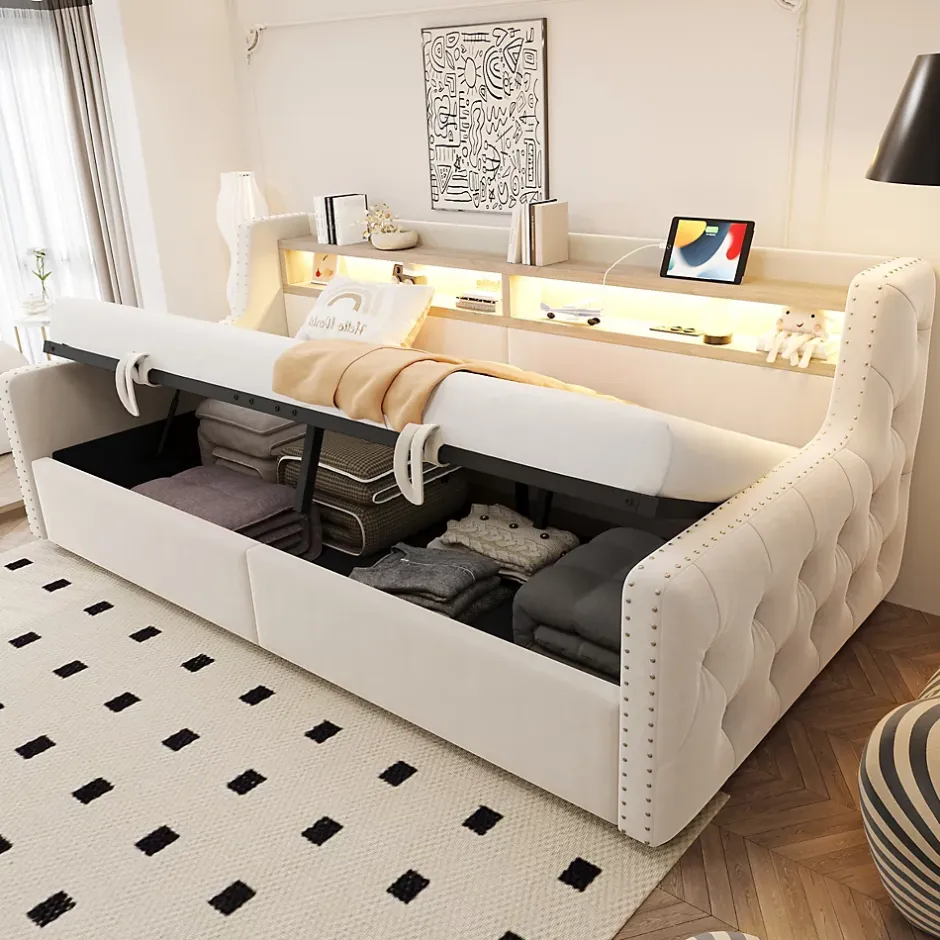 Okwish Lit Banquette 90x200 cm en Velours avec Éclairage LED, Prise Électrique et Ports USB - Sans Matelas - Beige Online