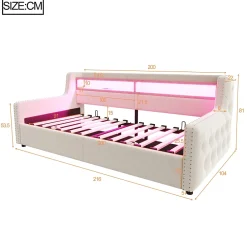 Okwish Lit Banquette 90x200 cm en Velours avec Éclairage LED, Prise Électrique et Ports USB - Sans Matelas - Beige Online