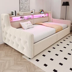 Okwish Lit Banquette 90x200 cm en Velours avec Éclairage LED, Prise Électrique et Ports USB - Sans Matelas - Beige Online