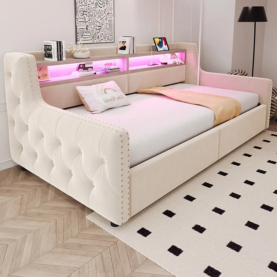 Okwish Lit Banquette 90x200 cm en Velours avec Éclairage LED, Prise Électrique et Ports USB - Sans Matelas - Beige Online