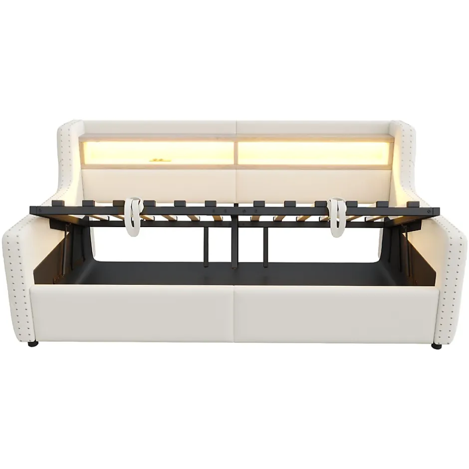 Okwish Lit Banquette 90x200 cm en Velours avec Éclairage LED, Prise Électrique et Ports USB - Sans Matelas - Beige Online