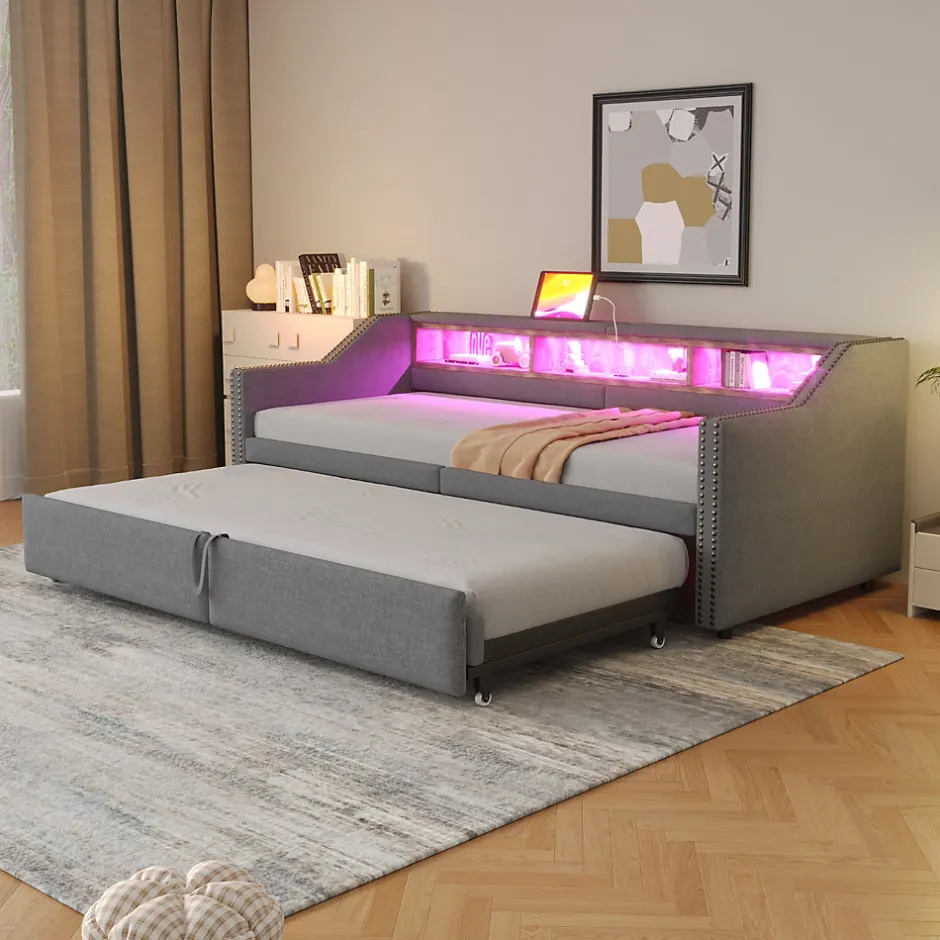 Okwish Lit banquette 90x200+180x200 cm gigogne avec rangement, éclairage LED, prise USB, structure lin métal MDF gris clair sans matelas