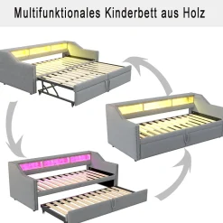 Okwish Lit banquette 90x200+180x200 cm gigogne avec rangement, éclairage LED, prise USB, structure lin métal MDF gris clair sans matelas