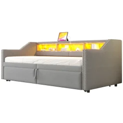 Okwish Lit banquette 90x200+180x200 cm gigogne avec rangement, éclairage LED, prise USB, structure lin métal MDF gris clair sans matelas