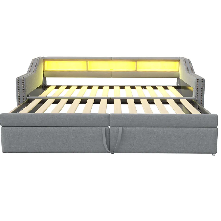 Okwish Lit banquette 90x200+180x200 cm gigogne avec rangement, éclairage LED, prise USB, structure lin métal MDF gris clair sans matelas