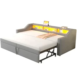Okwish Lit banquette 90x200+180x200 cm gigogne avec rangement, éclairage LED, prise USB, structure lin métal MDF gris clair sans matelas